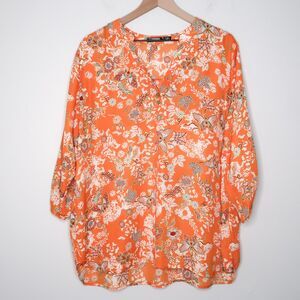 Cure Womens Henley Shirt 2XL Orange Floral Butterfly Roll Tab Flowy Popover Boho